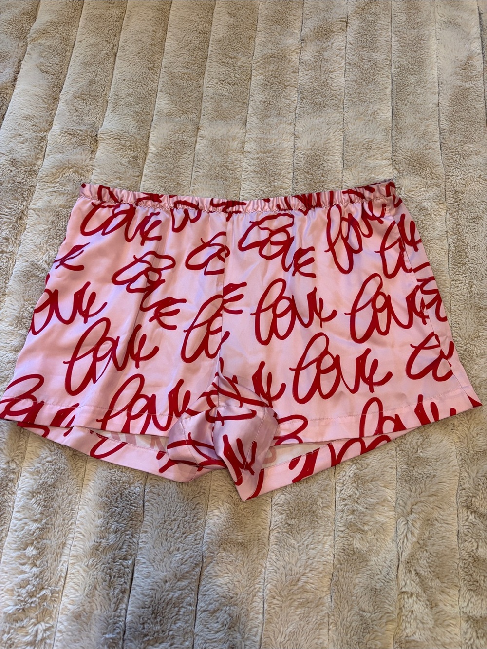 Auden Pink Satin Shorts with Red 'Love' Script